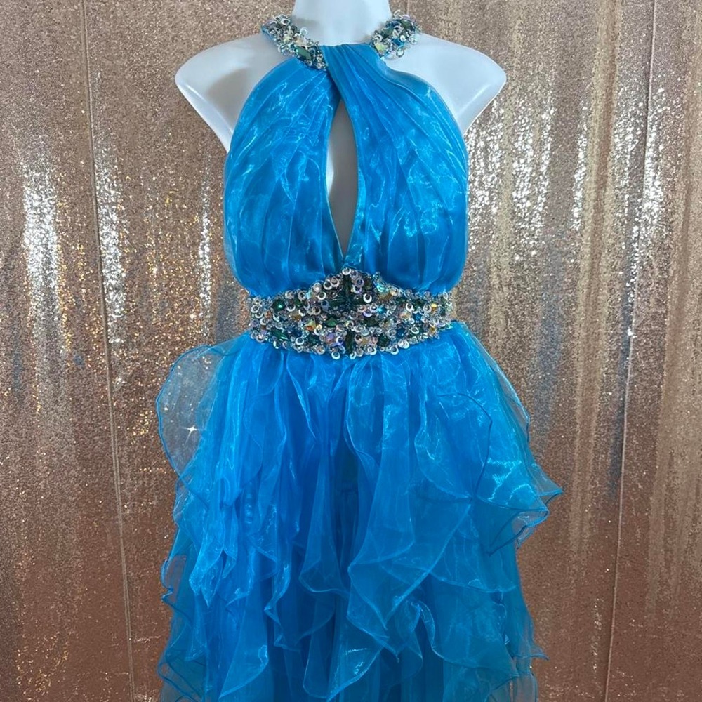 NWT Electric Blue Beaded Halter Organza Ruffle Mini Dress Backless/Size 2XL